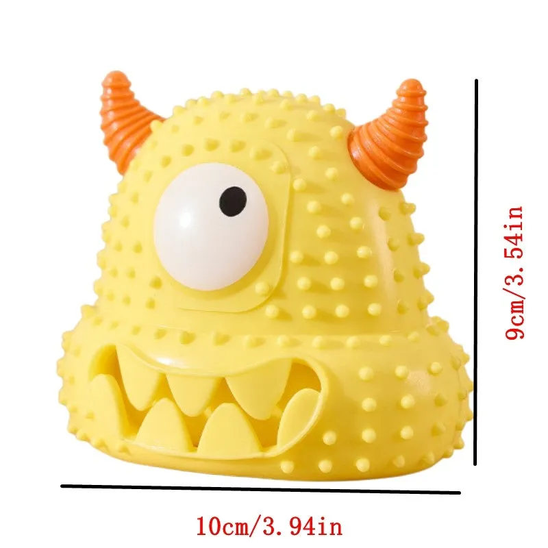 Little monster vocal dog toy in blue with exaggerated eyes, horns, and teeth; made of bite-resistant silicone.