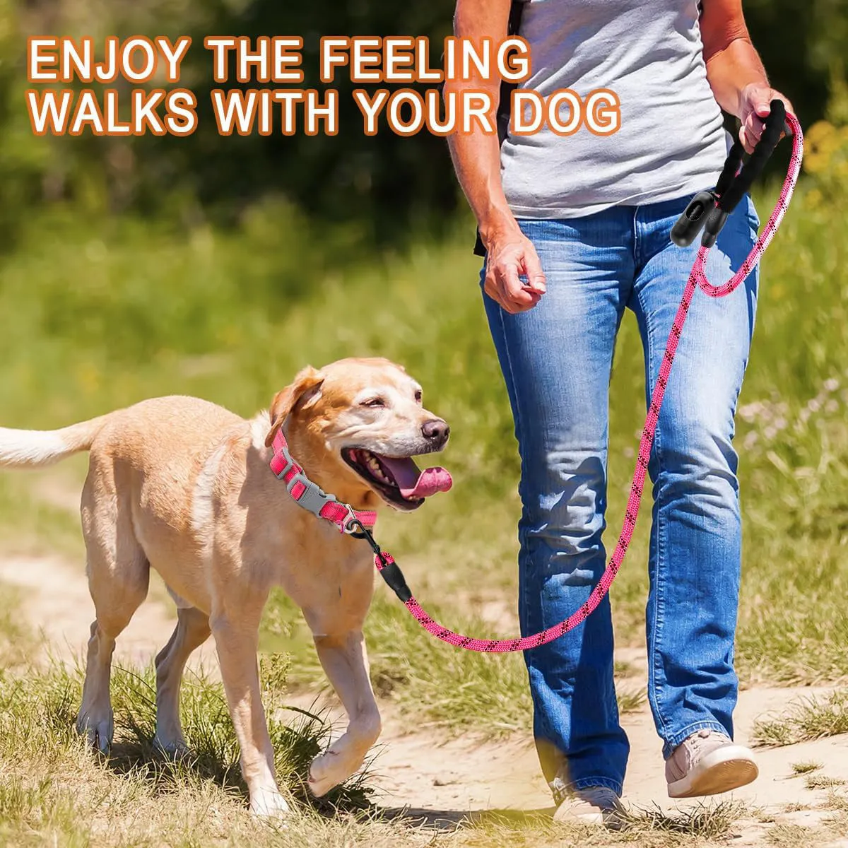 Heavy duty 5 FT nylon dog leash with padded handle and reflective threads in pink for large dogs
