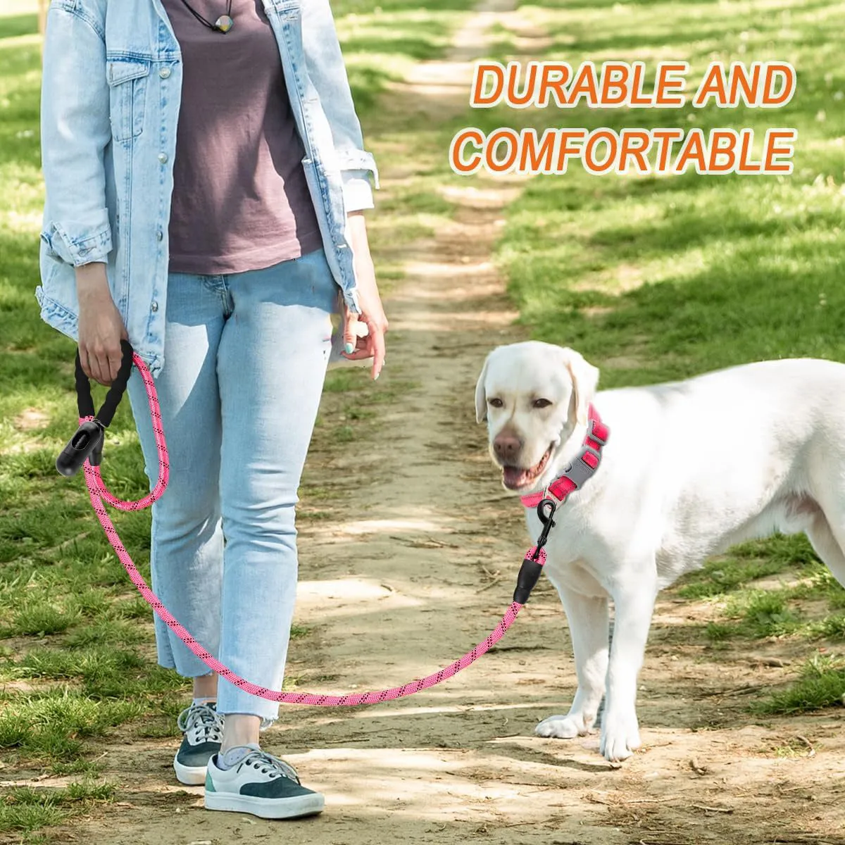 Heavy duty 5 FT nylon dog leash with padded handle and reflective threads in pink for large dogs
