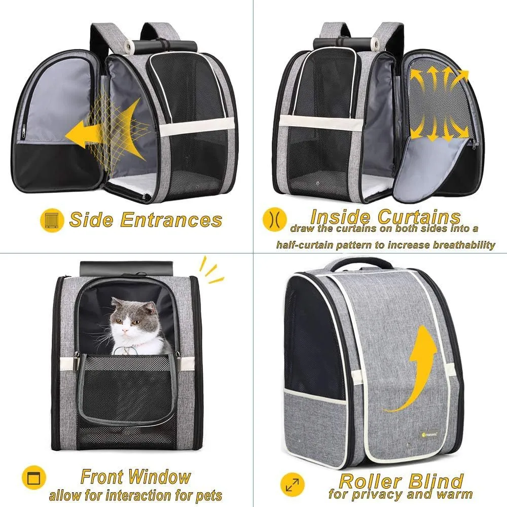 Gray Innovative Traveler bubble backpack pet carrier with PVC mesh windows, side view, for cats and dogs