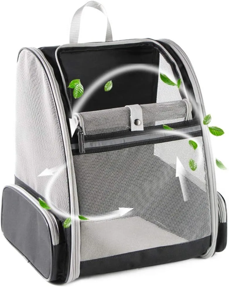 Gray Innovative Traveler bubble backpack pet carrier with PVC mesh windows, side view, for cats and dogs