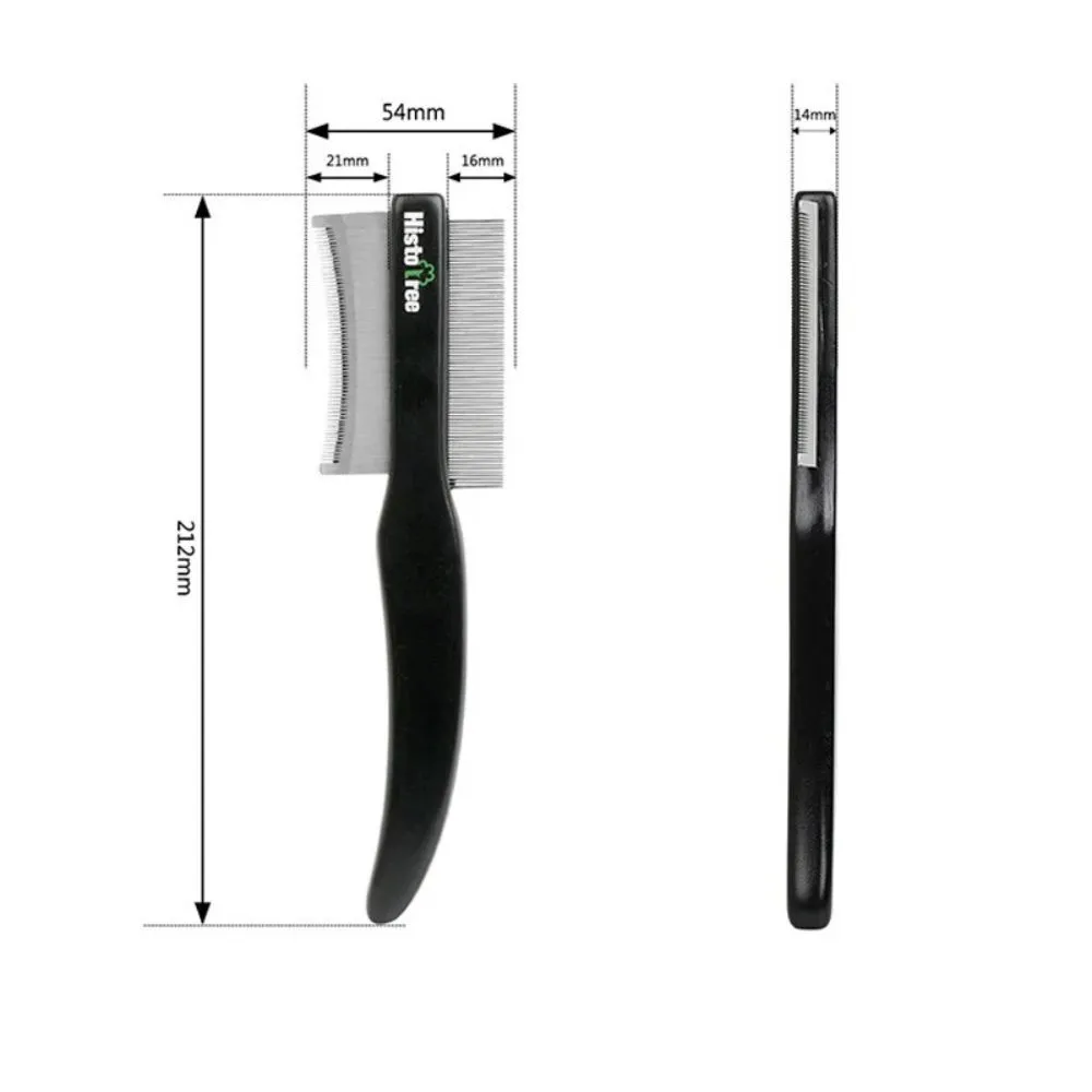 Black double-sided pet grooming comb with wooden handle and stainless steel teeth for cat and dog grooming