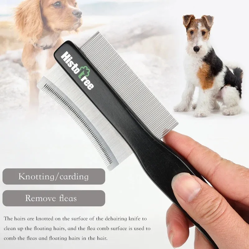 Black double-sided pet grooming comb with wooden handle and stainless steel teeth for cat and dog grooming