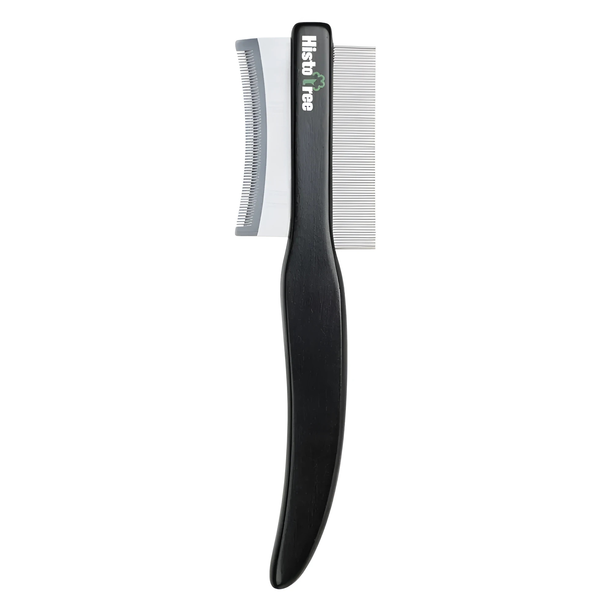 Black double-sided pet grooming comb with wooden handle and stainless steel teeth for cat and dog grooming