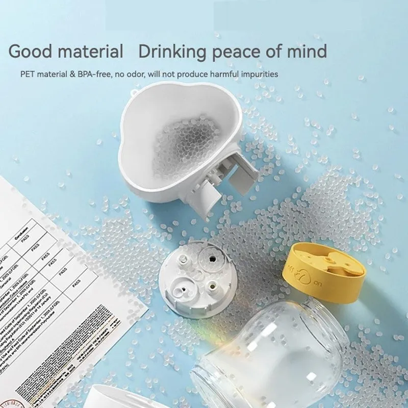 Portable dog water bottle with plastic body, rotary switch, and attached belt, showing water dispenser and bottom food container