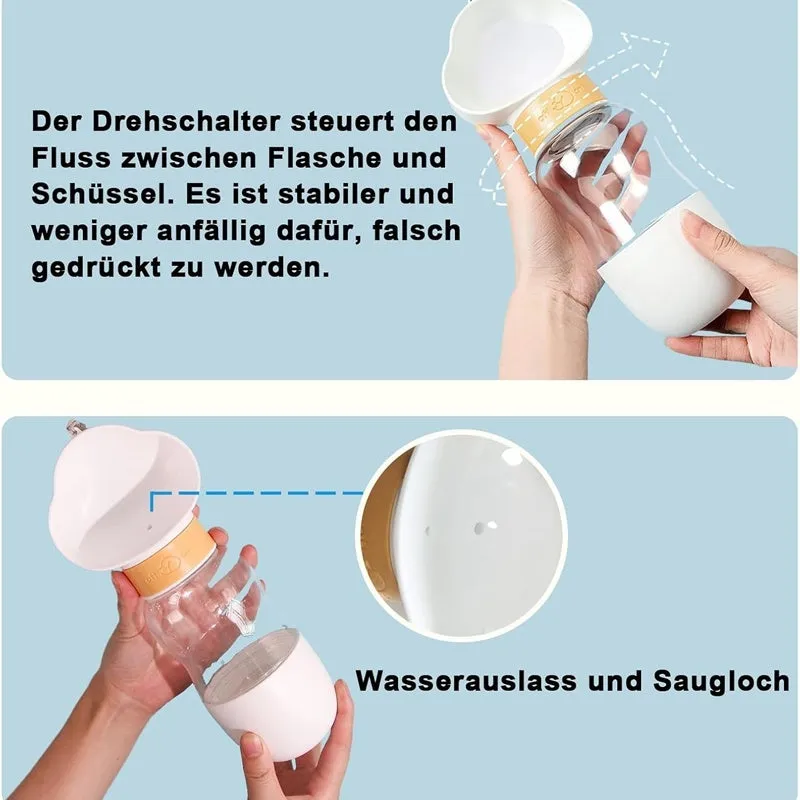Portable dog water bottle with plastic body, rotary switch, and attached belt, showing water dispenser and bottom food container