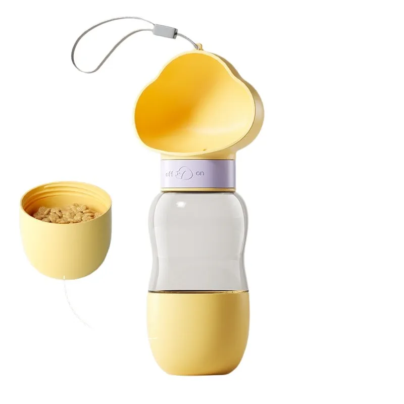 Portable dog water bottle with plastic body, rotary switch, and attached belt, showing water dispenser and bottom food container