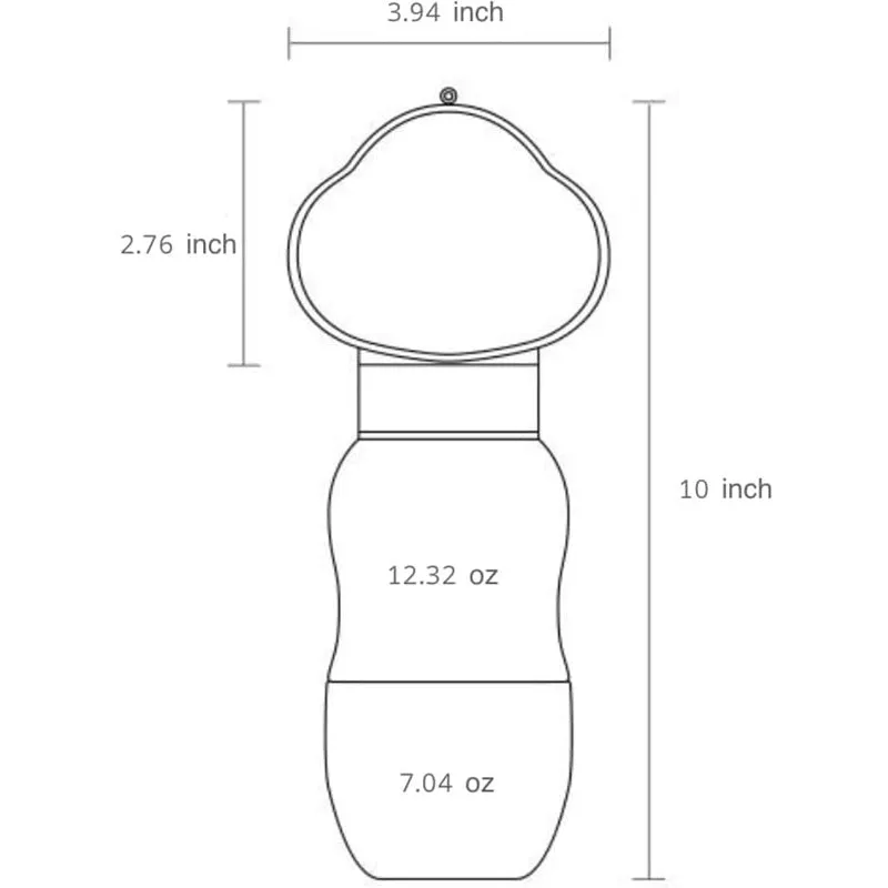 Portable dog water bottle with plastic body, rotary switch, and attached belt, showing water dispenser and bottom food container