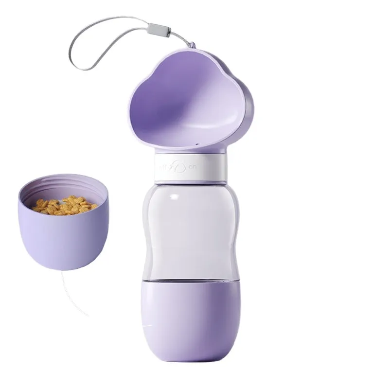 Portable dog water bottle with plastic body, rotary switch, and attached belt, showing water dispenser and bottom food container
