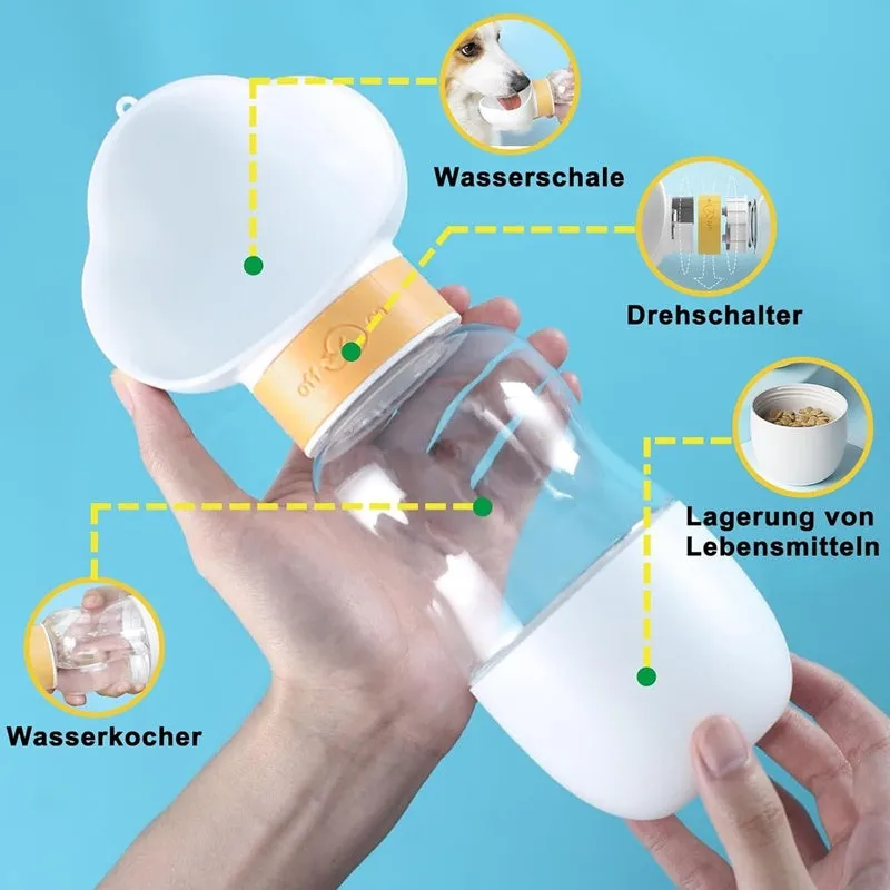 Portable dog water bottle with plastic body, rotary switch, and attached belt, showing water dispenser and bottom food container