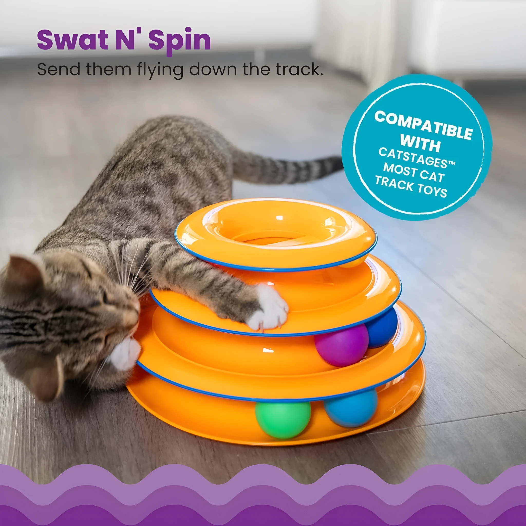 Catstages Tower Of Tracks interactive 3-tier cat track toy with spinning balls in orange