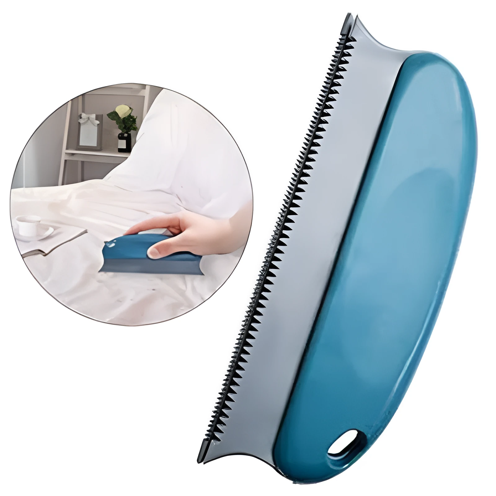 Dark blue pet hair remover brush with double serrated comb on a car seat