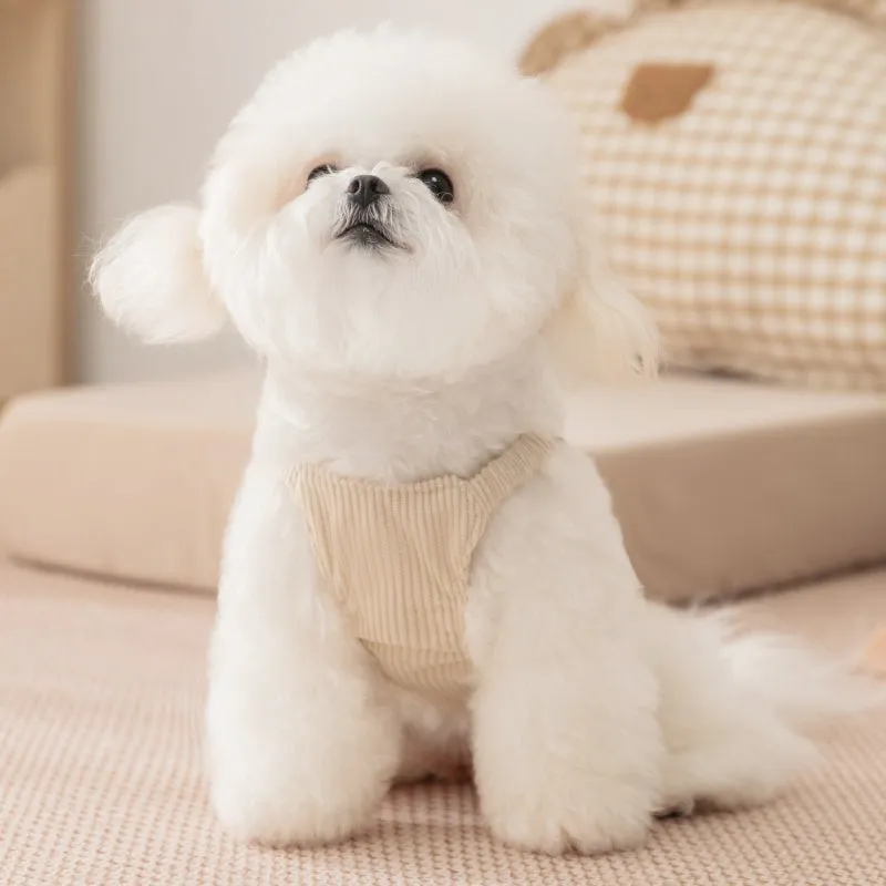 Solid-colour corduroy pet vest with wool Sherpa collar for small dogs, available in brown and white size XS to XXL