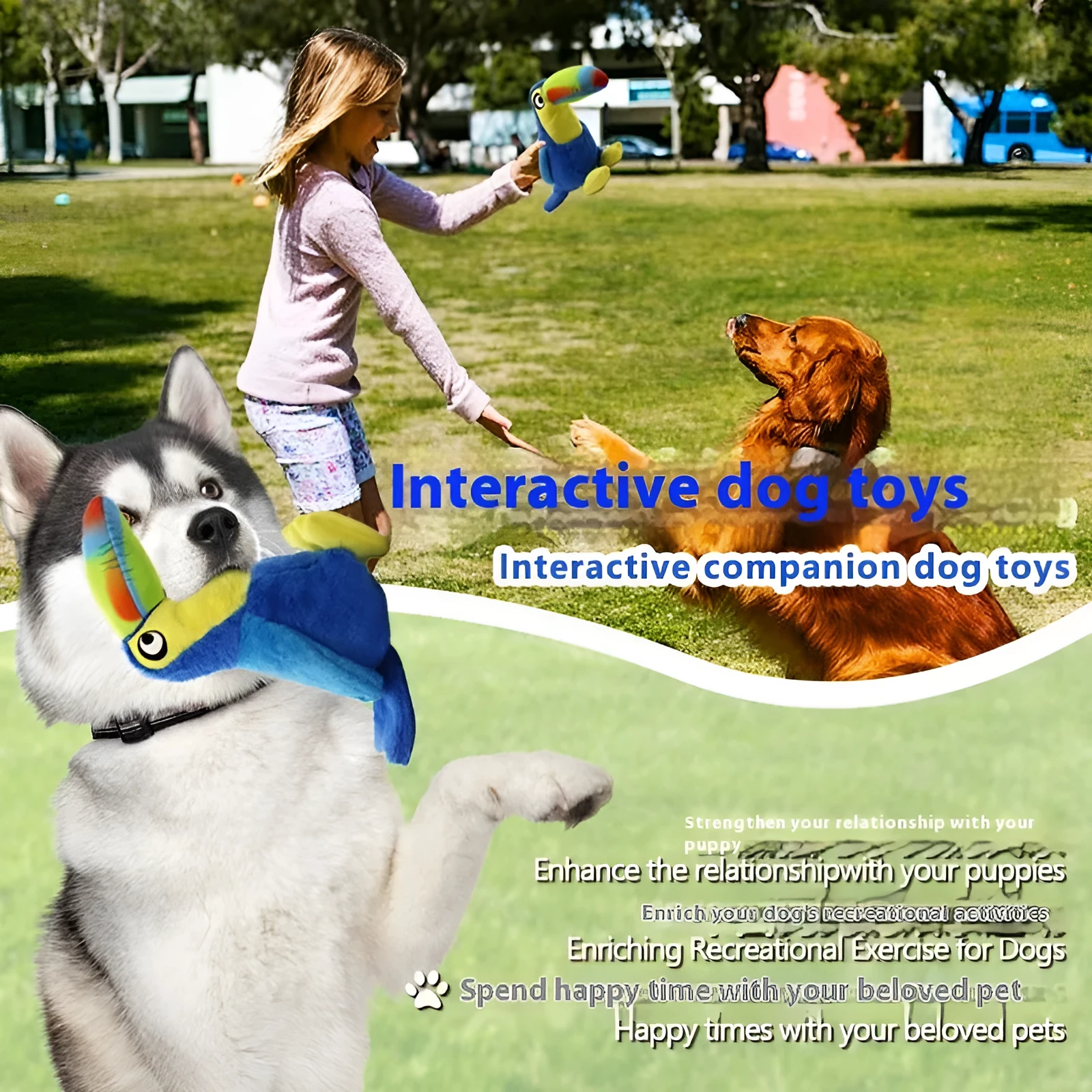 Blue plush big-mouthed bird dog toy for pulling and teasing play