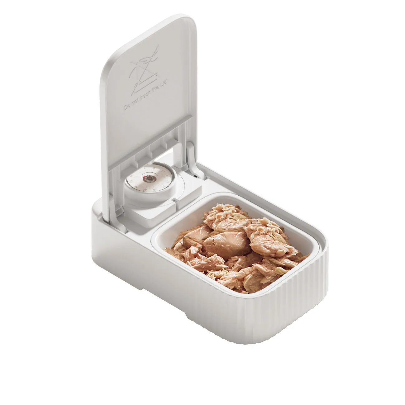White timed pet feeder with visual alarm display and separate ice crystal box for freshness.