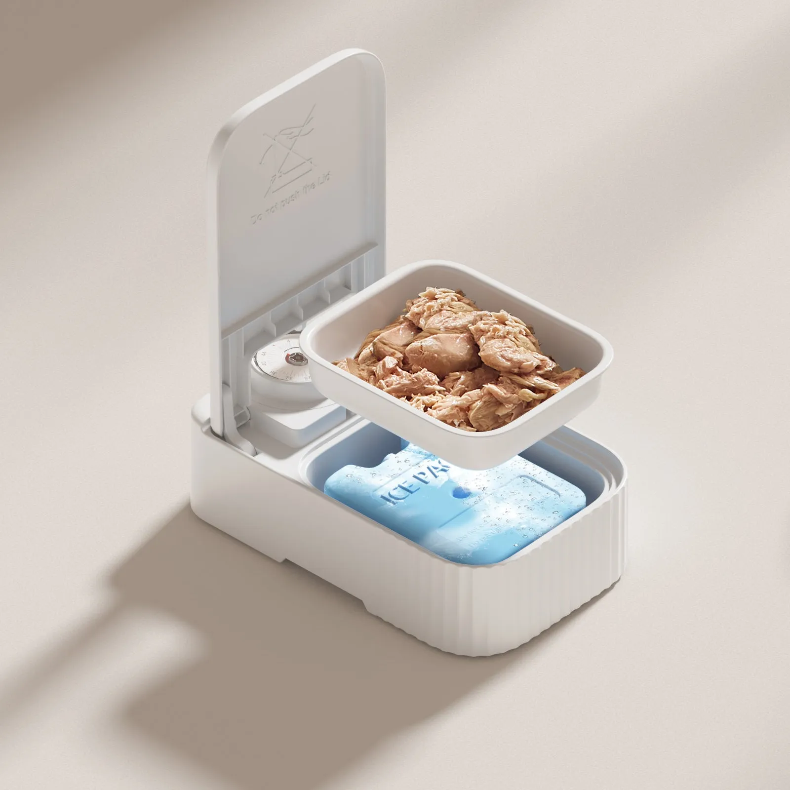 White timed pet feeder with visual alarm display and separate ice crystal box for freshness.