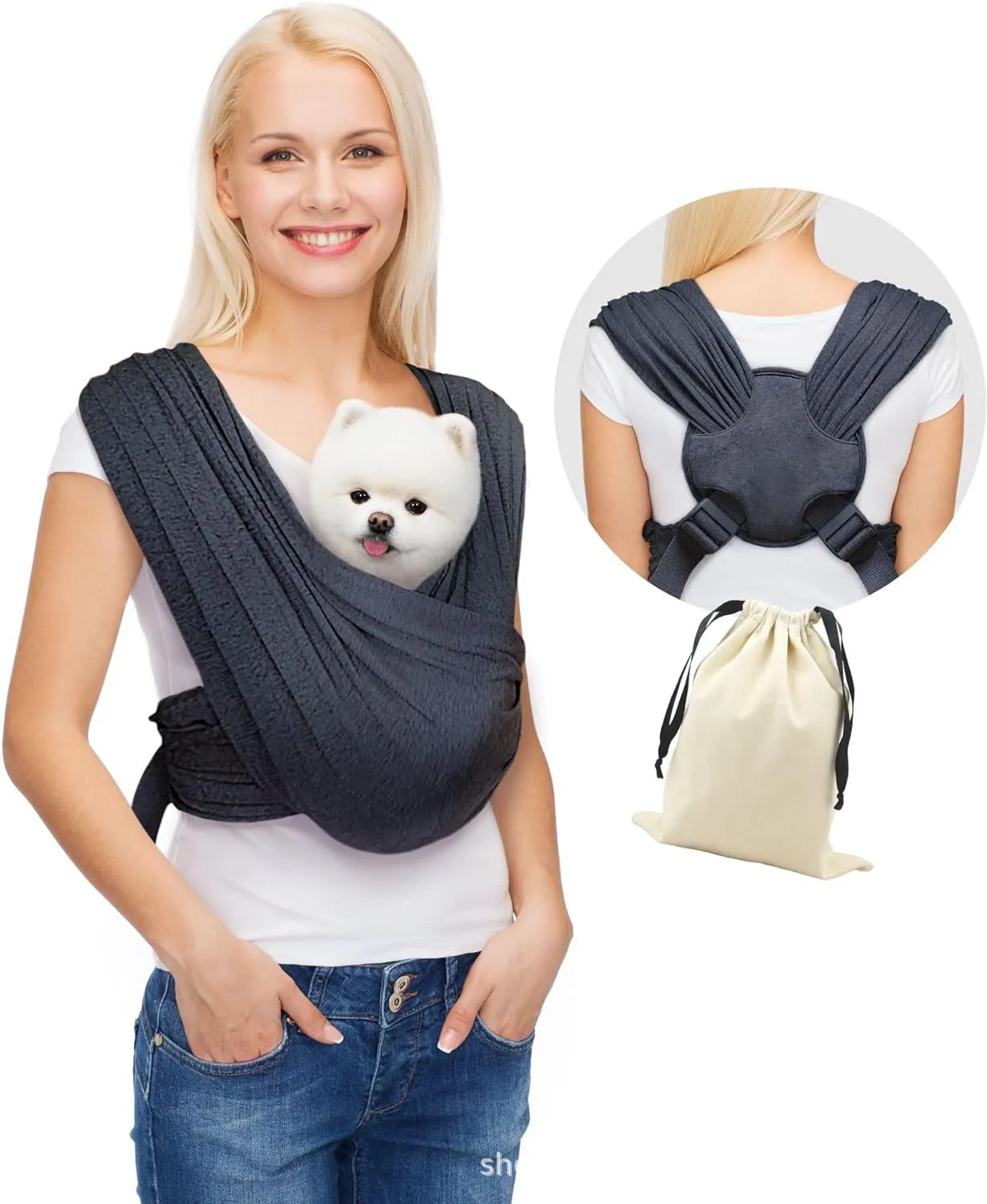 Gray pet cloth travel bag with breathable mesh ventilation for dogs and cats on a white background