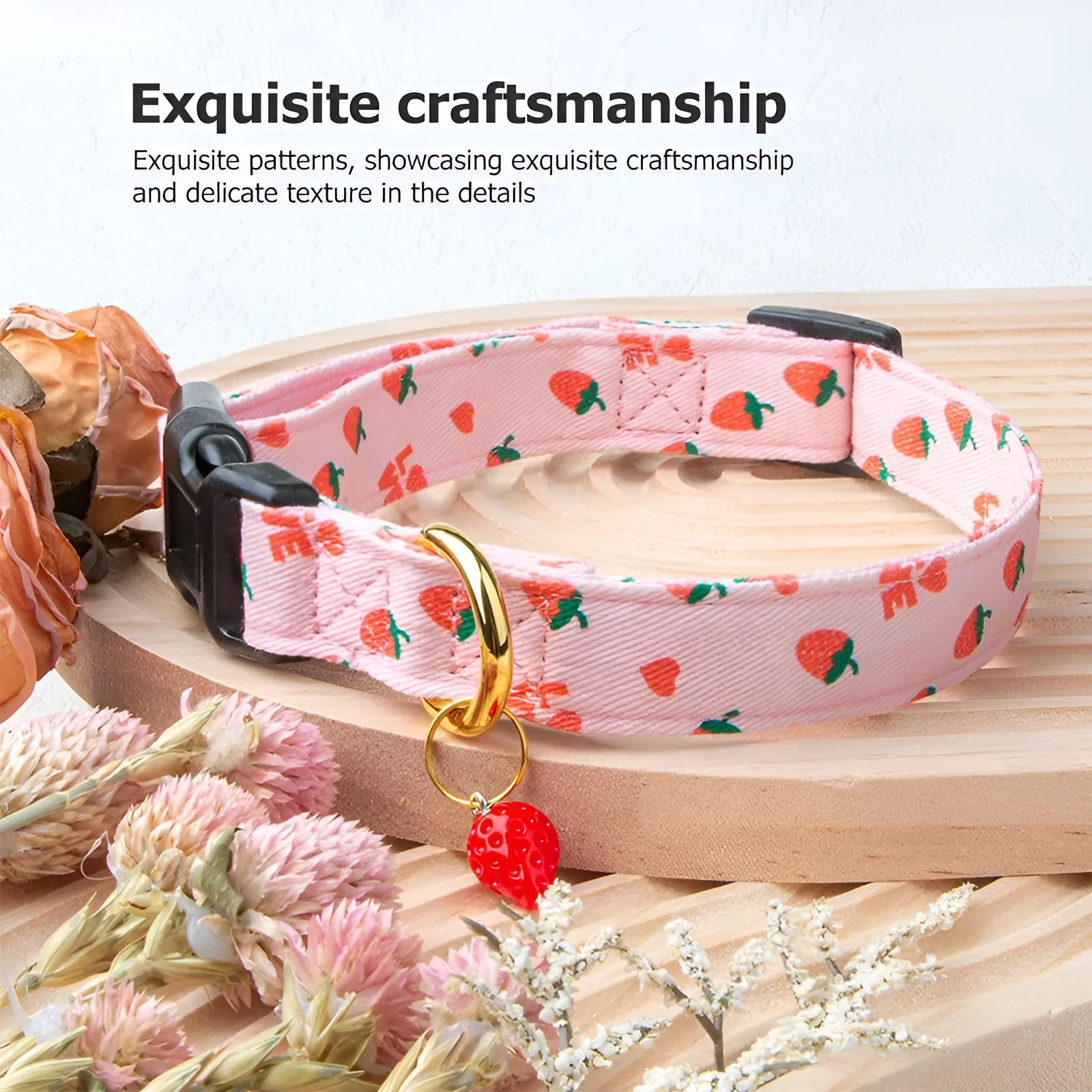 Adjustable polyester floral dog collar in Pink with buckle and slide adjuster on white background