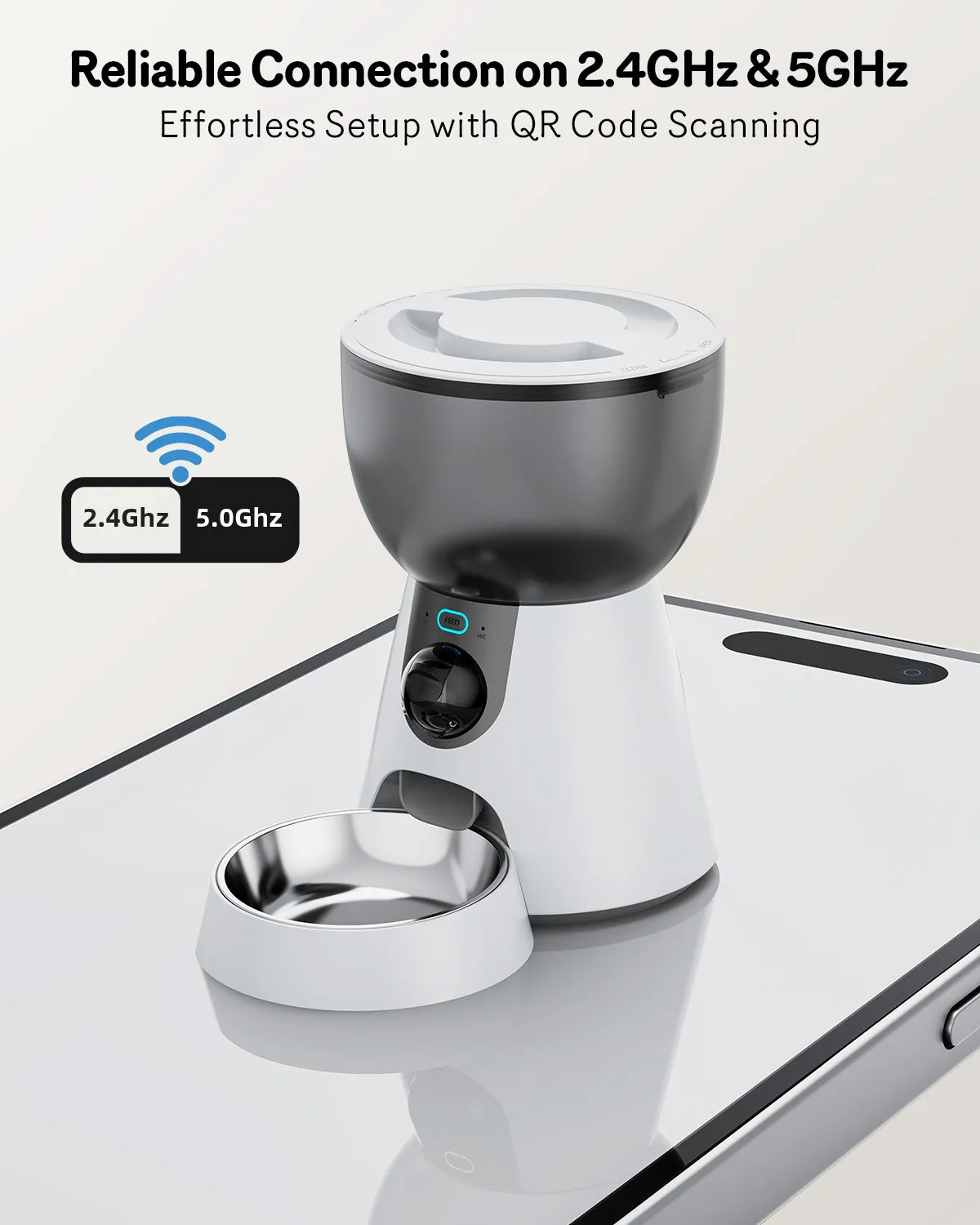 Automatic cat feeder with built-in camera showing 4L food tank and control panel