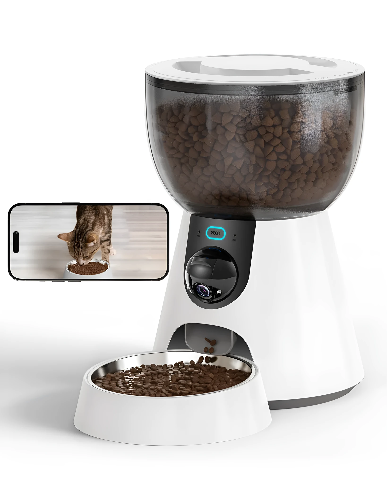 Automatic cat feeder with built-in camera showing 4L food tank and control panel