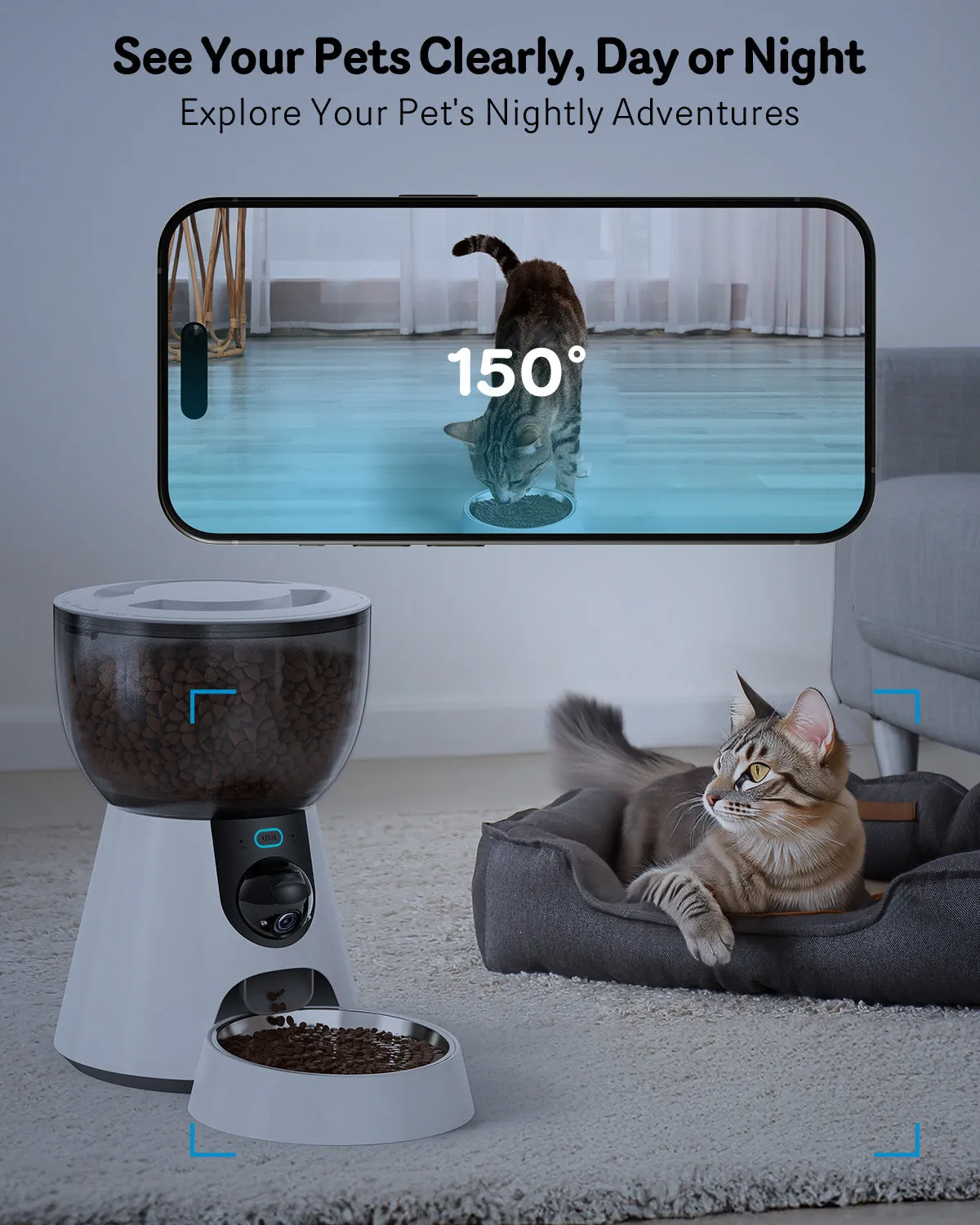 Automatic cat feeder with built-in camera showing 4L food tank and control panel