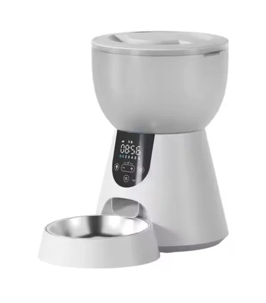 Automatic cat feeder with built-in camera showing 4L food tank and control panel
