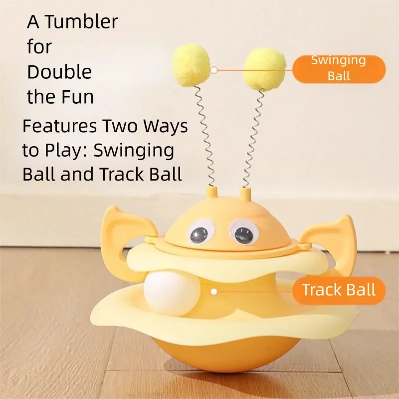 Cat toy tower with rotating bee toy and three-layer trackball in green plastic, placed on a wooden floor