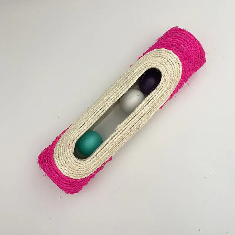 Sisal cat toy with plastic ball in blue colour, 28.5cm long, on white background