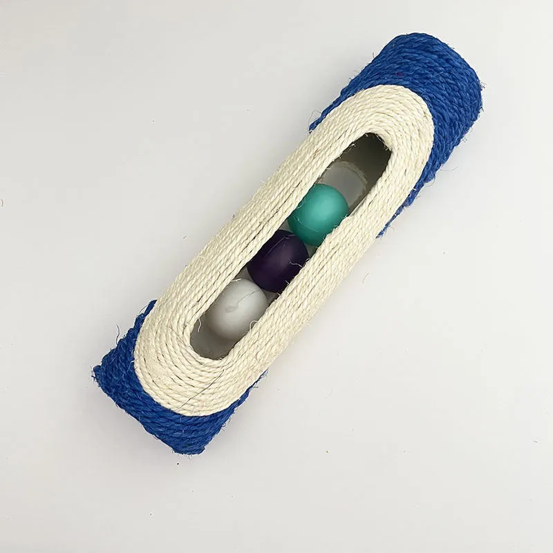 Sisal cat toy with plastic ball in blue colour, 28.5cm long, on white background