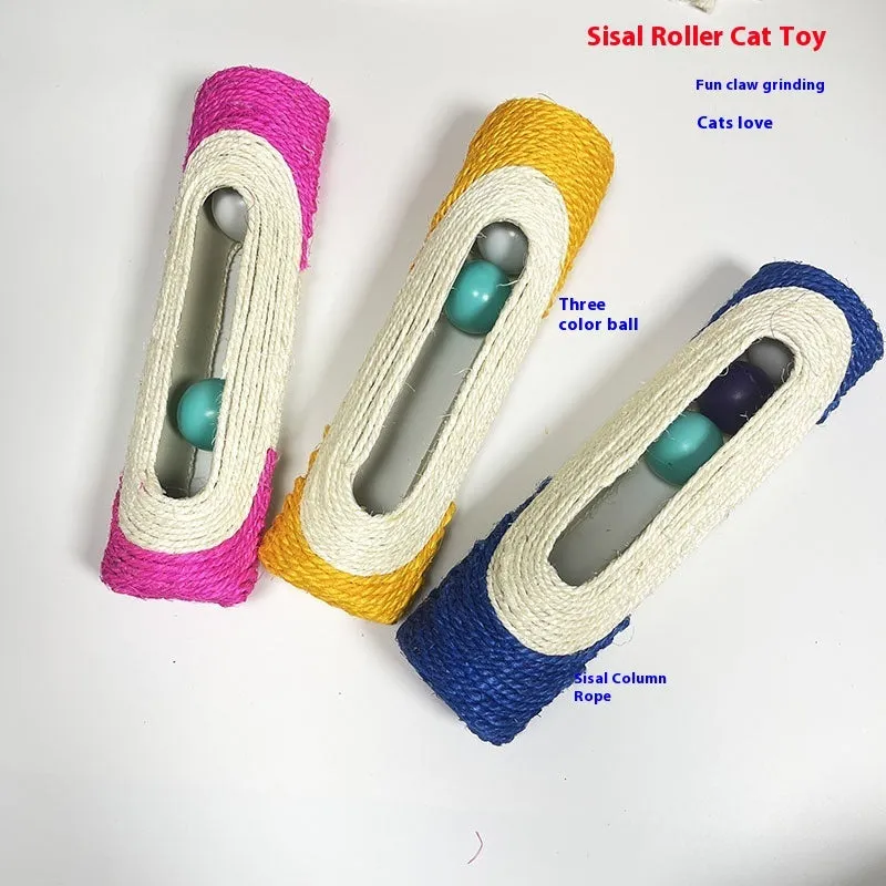 Sisal cat toy with plastic ball in blue colour, 28.5cm long, on white background