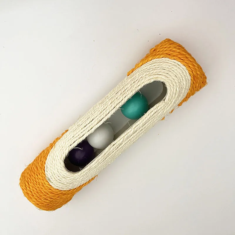 Sisal cat toy with plastic ball in blue colour, 28.5cm long, on white background