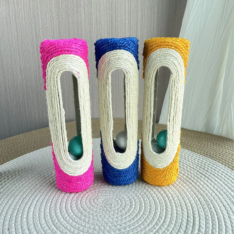 Sisal cat toy with plastic ball in blue colour, 28.5cm long, on white background