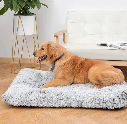 Plush square pet bed with wave memory foam in a gray colour on a wooden floor