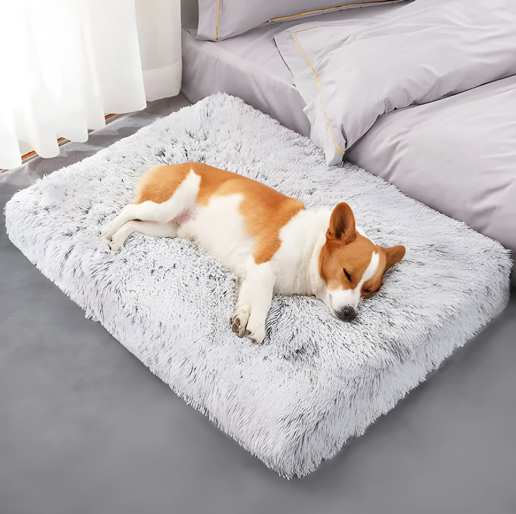 Plush square pet bed with wave memory foam in a gray colour on a wooden floor