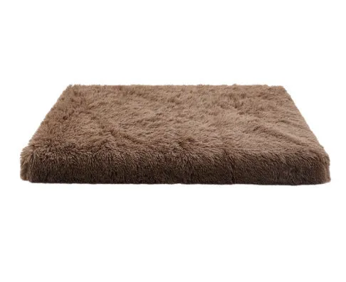 Plush square pet bed with wave memory foam in a gray colour on a wooden floor