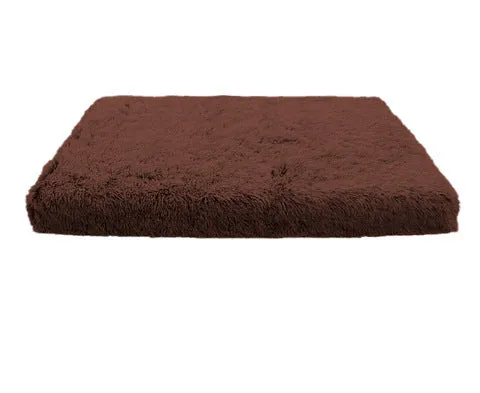 Plush square pet bed with wave memory foam in a gray colour on a wooden floor