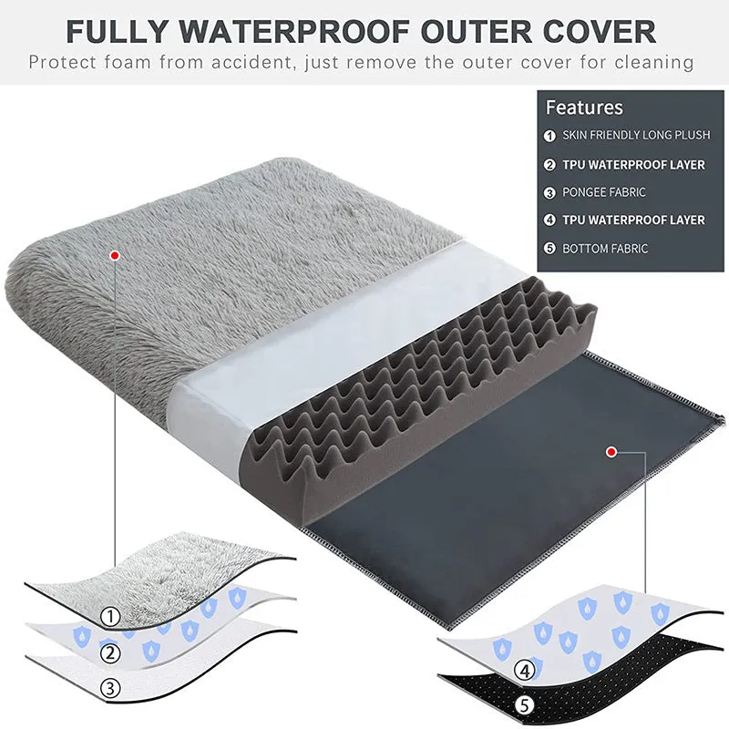 Plush square pet bed with wave memory foam in a gray colour on a wooden floor