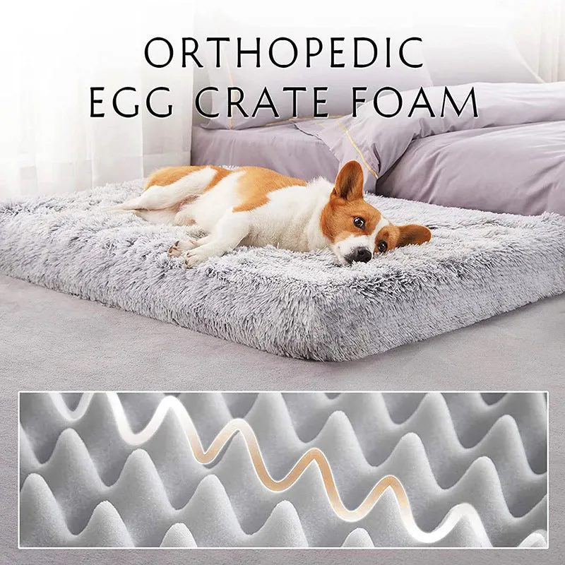 Plush square pet bed with wave memory foam in a gray colour on a wooden floor