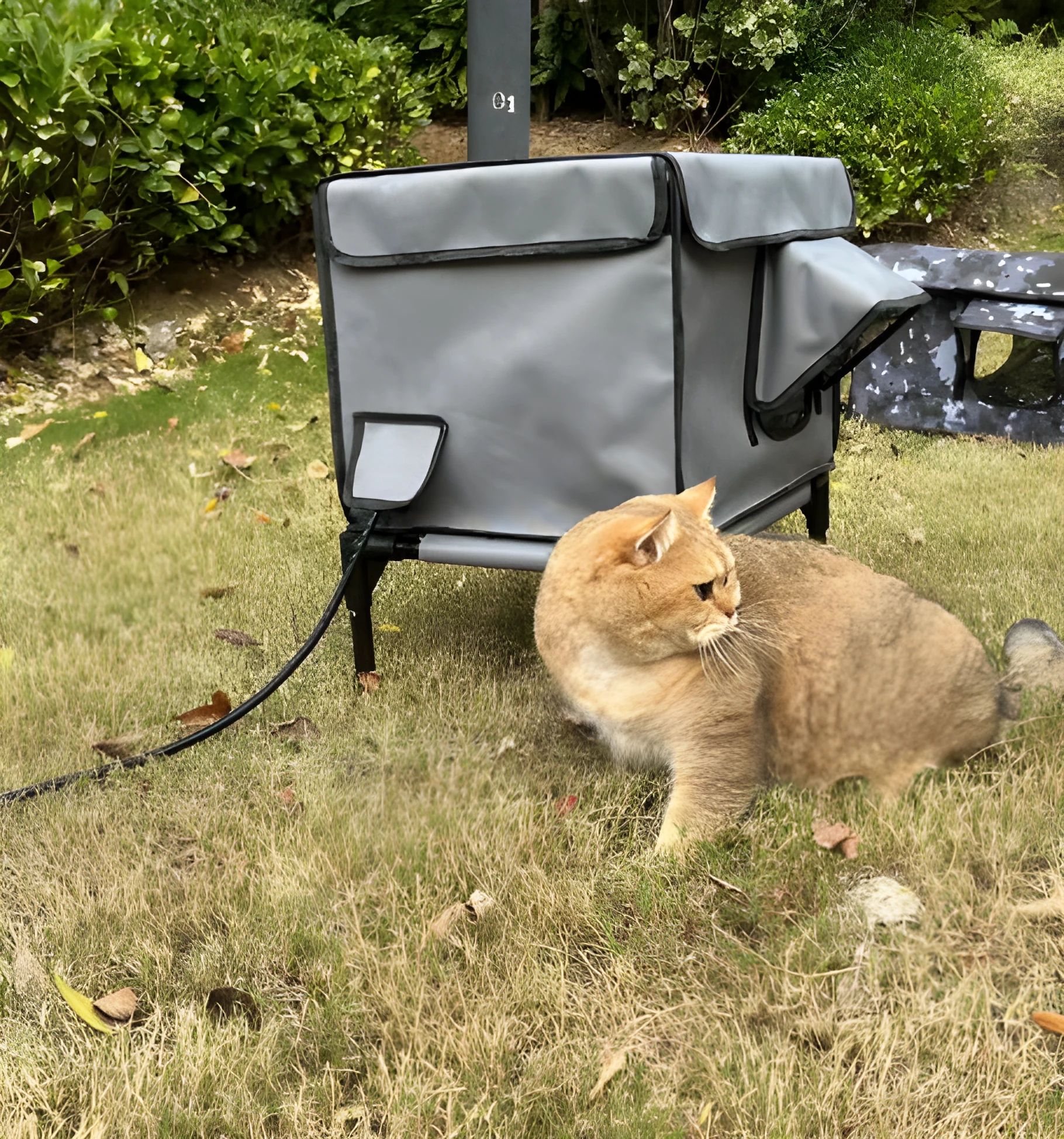 Outdoor heating insulation foldable cat nest with thermo sensitive switch in black, size M, on a floor