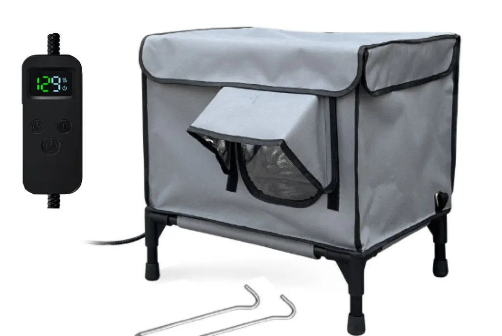 Outdoor heating insulation foldable cat nest with thermo sensitive switch in black, size M, on a floor