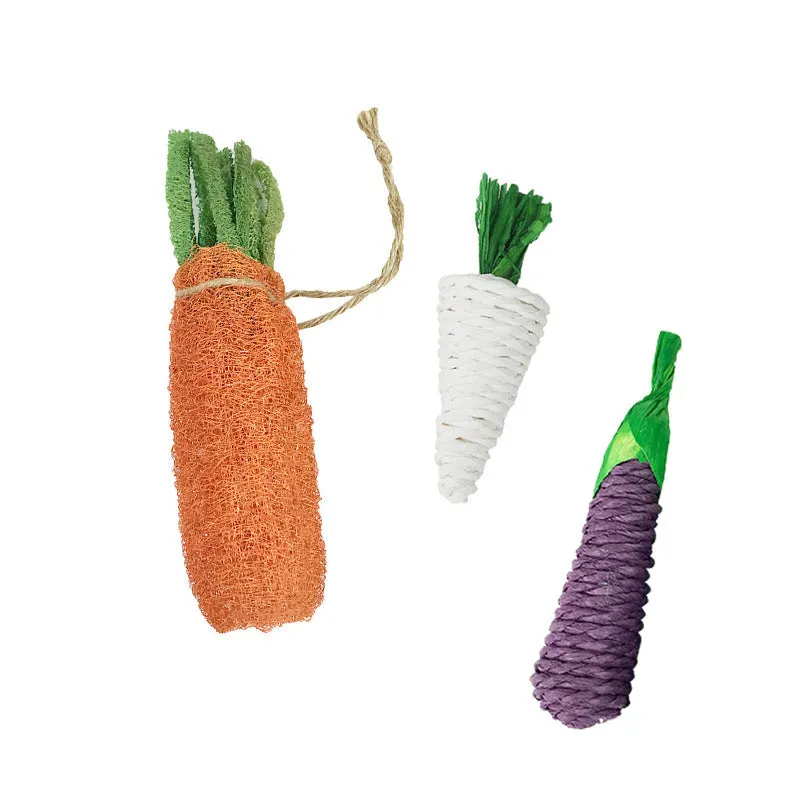 Natural loofah carrot chew toy for hamsters and rabbits, 20cm length, woven texture