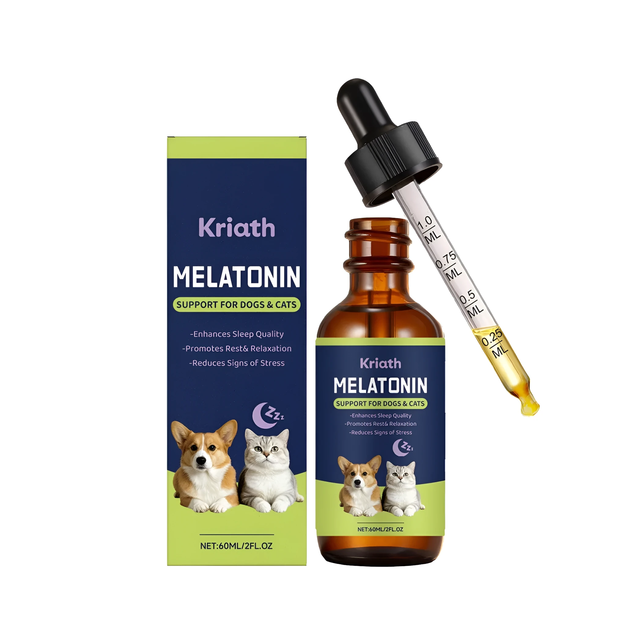60ml liquid pet melatonin supplement for cats and dogs with valeriana root and L-theanine