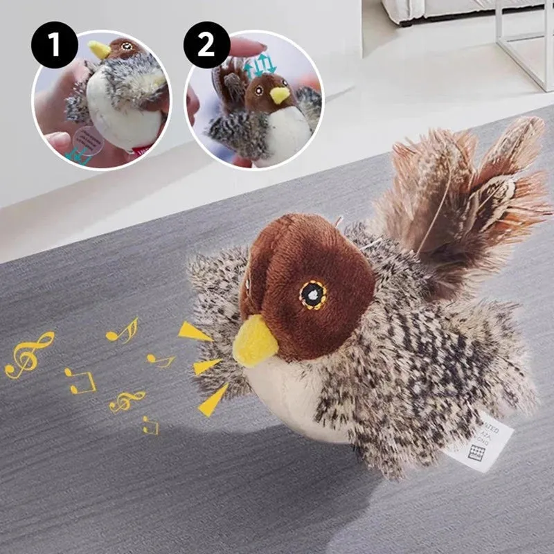 Interactive cat toy electric squeaky simulation bird plush with feather and chirping sound