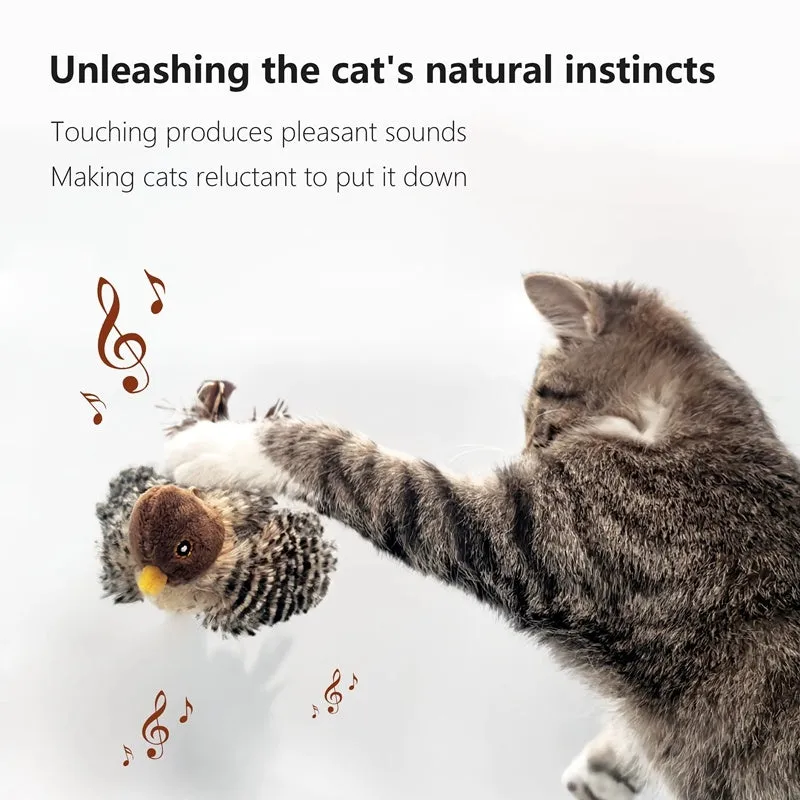 Interactive cat toy electric squeaky simulation bird plush with feather and chirping sound