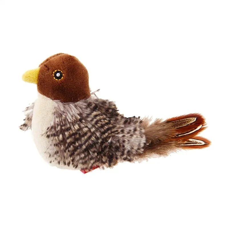 Interactive cat toy electric squeaky simulation bird plush with feather and chirping sound
