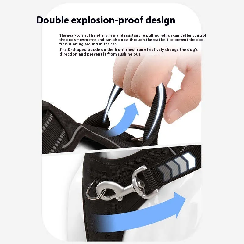 Black polyester dog breast strap vest with hand-holding rope, side view on a white background
