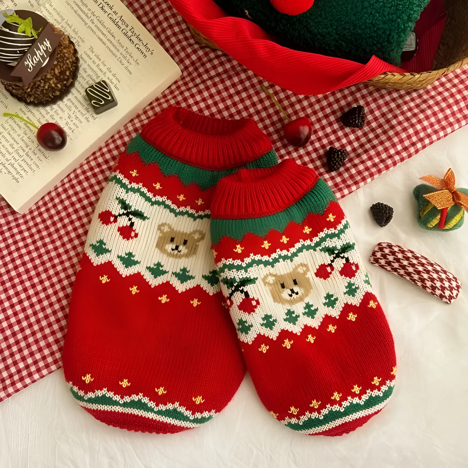 Christmas red cherry pet sweater for small dogs and cats on mannequin showing knit fabric texture