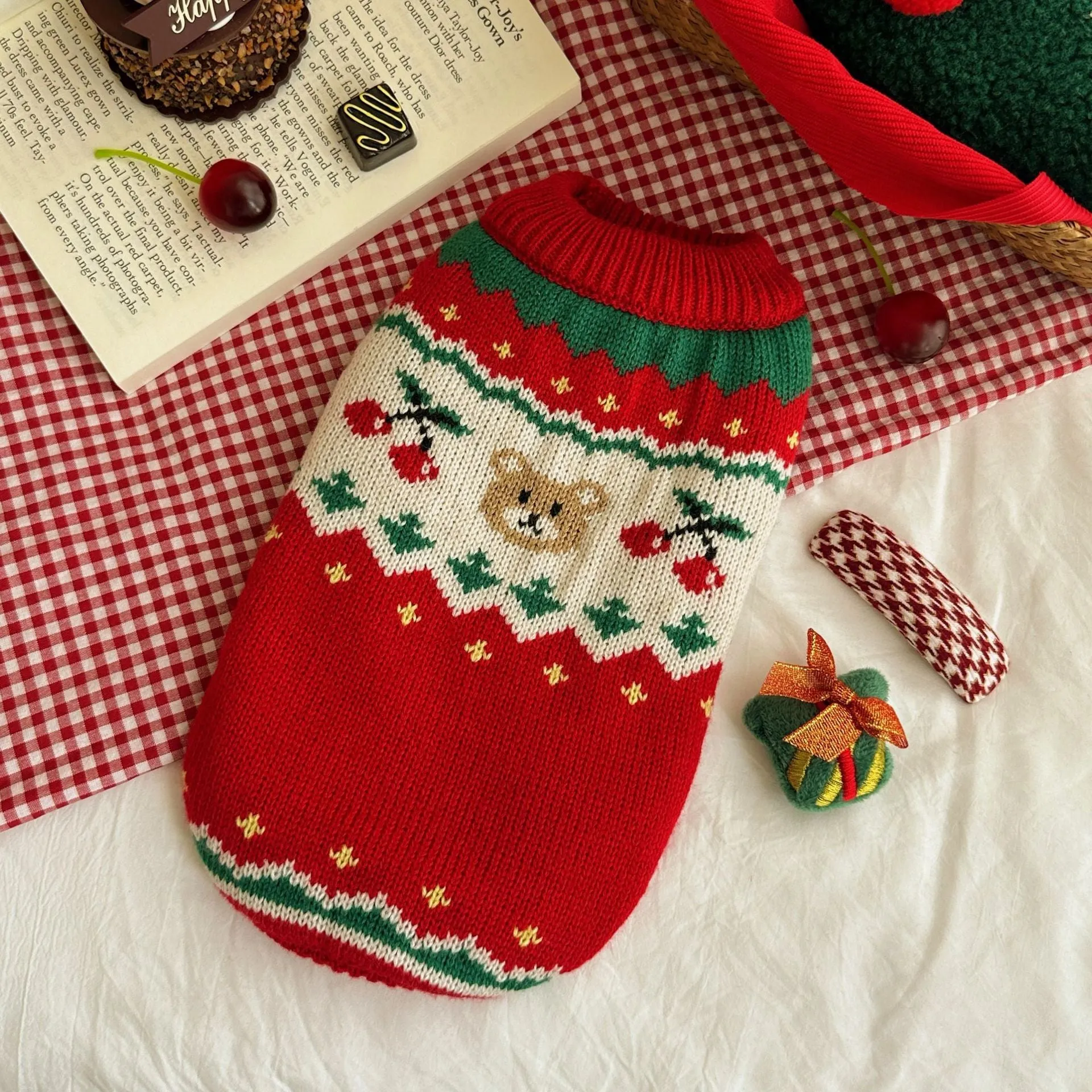 Christmas red cherry pet sweater for small dogs and cats on mannequin showing knit fabric texture