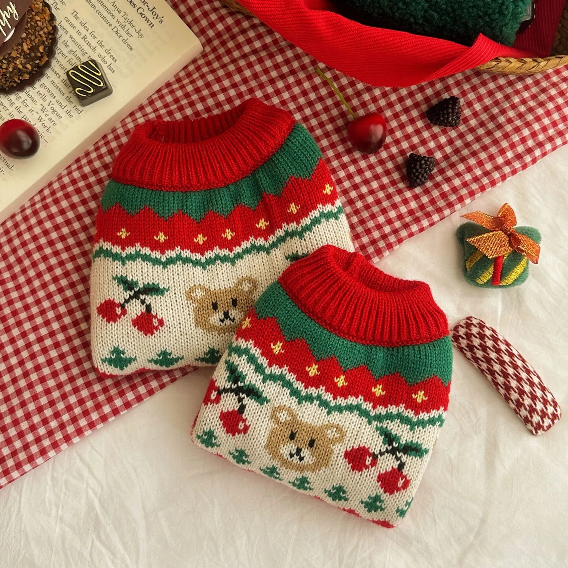 Christmas red cherry pet sweater for small dogs and cats on mannequin showing knit fabric texture