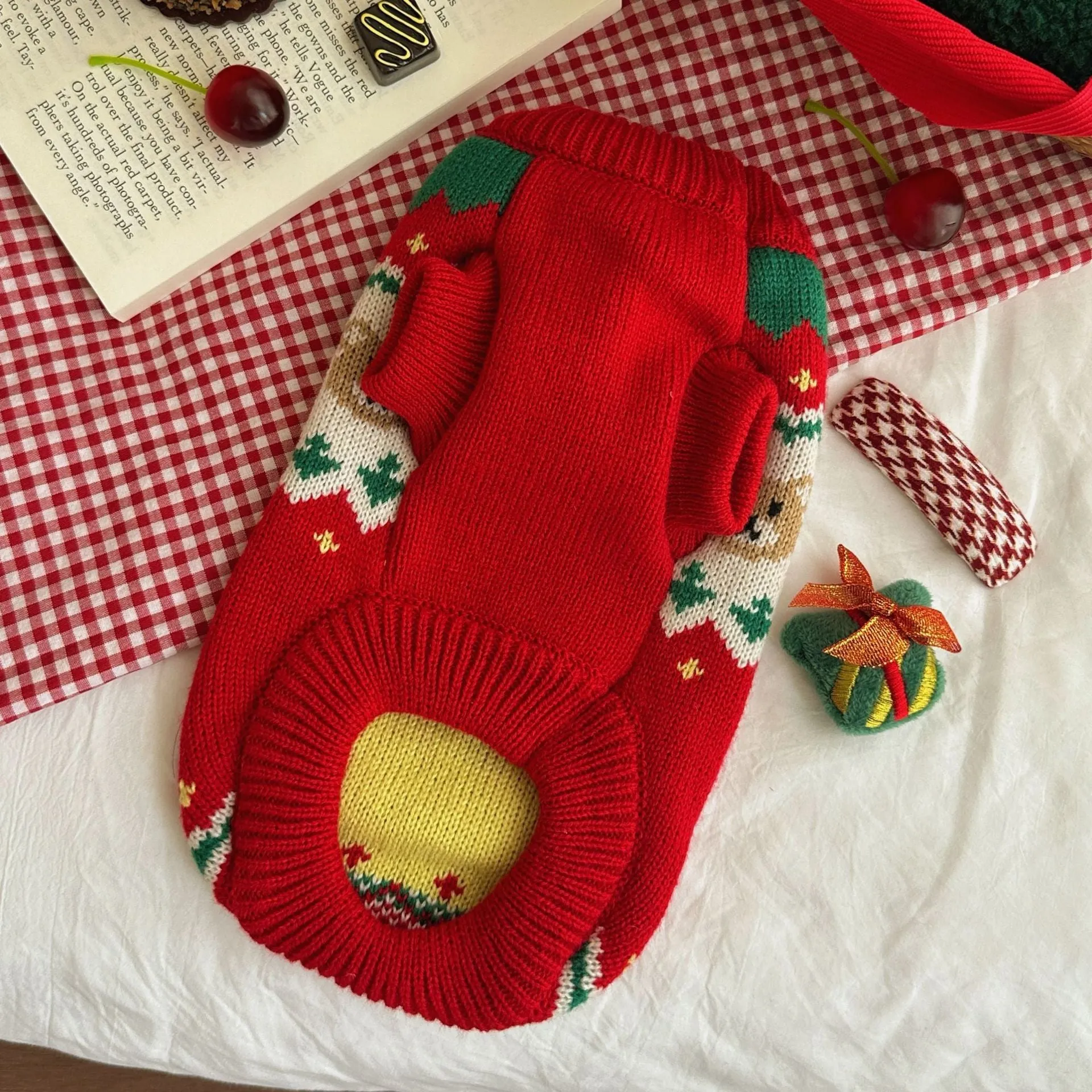 Christmas red cherry pet sweater for small dogs and cats on mannequin showing knit fabric texture